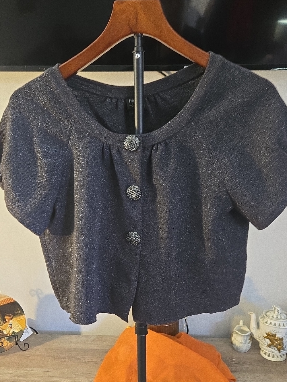 Nicole Shimmering Dark Gray Short-Sleeve Cropped Sweater